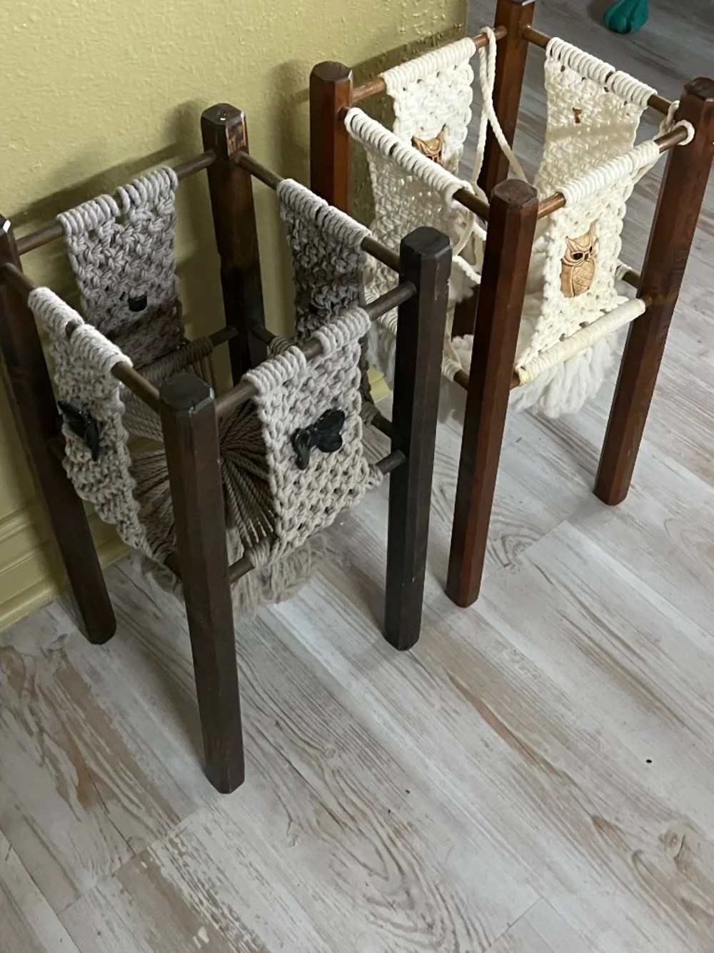 Vintage Handmade wooden and macrame plant stands featuring a woven owl pattern